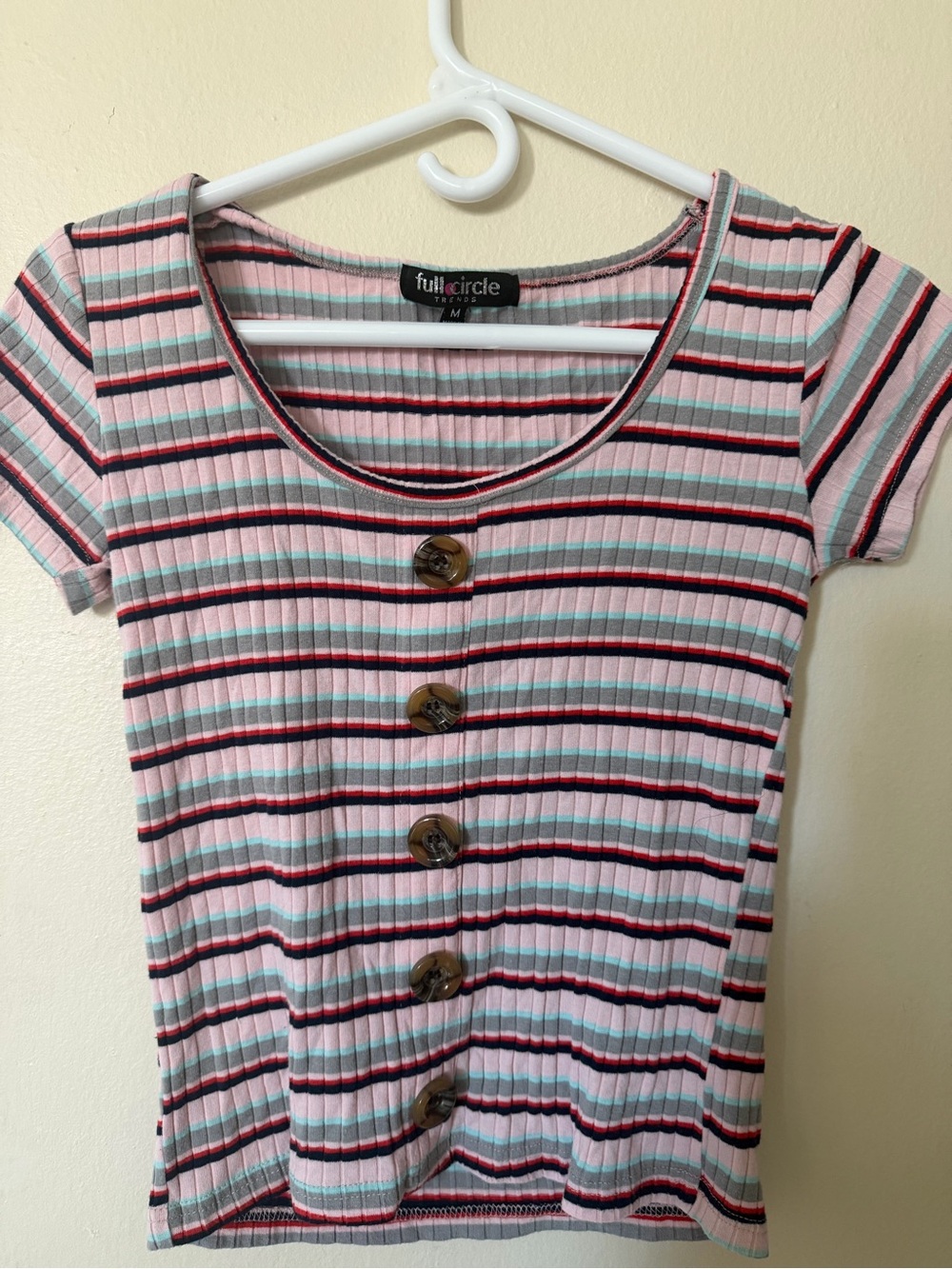 Pink Striped Ribbed Button-Front Scoop Neck Top - Picture 2 of 7